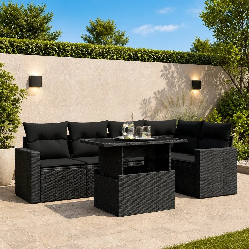 Modular Black Poly Rattan Garden Sofa Set 6 Pieces