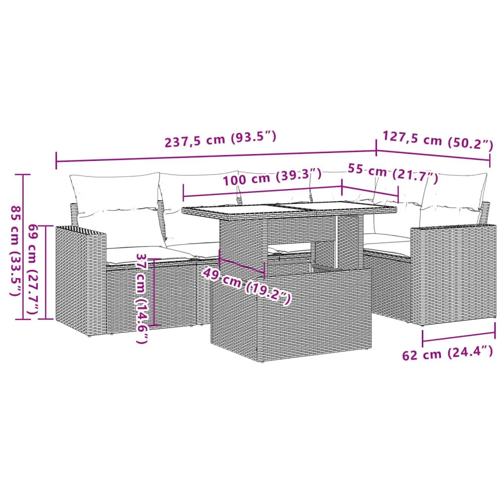 Garden Sofa Set PE Rattan 6 Piece Grey Outdoor Patio Furniture