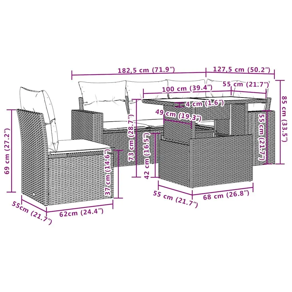 Garden Sofa Set PE Rattan 6 Piece Outdoor Furniture Black with Cushions