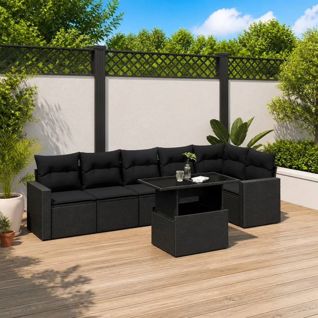 7-Piece Black Poly Rattan Garden Sofa Set with Adjustable Table