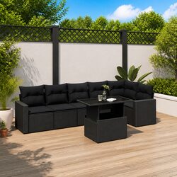7-Piece Black Poly Rattan Garden Sofa Set with Adjustable Table