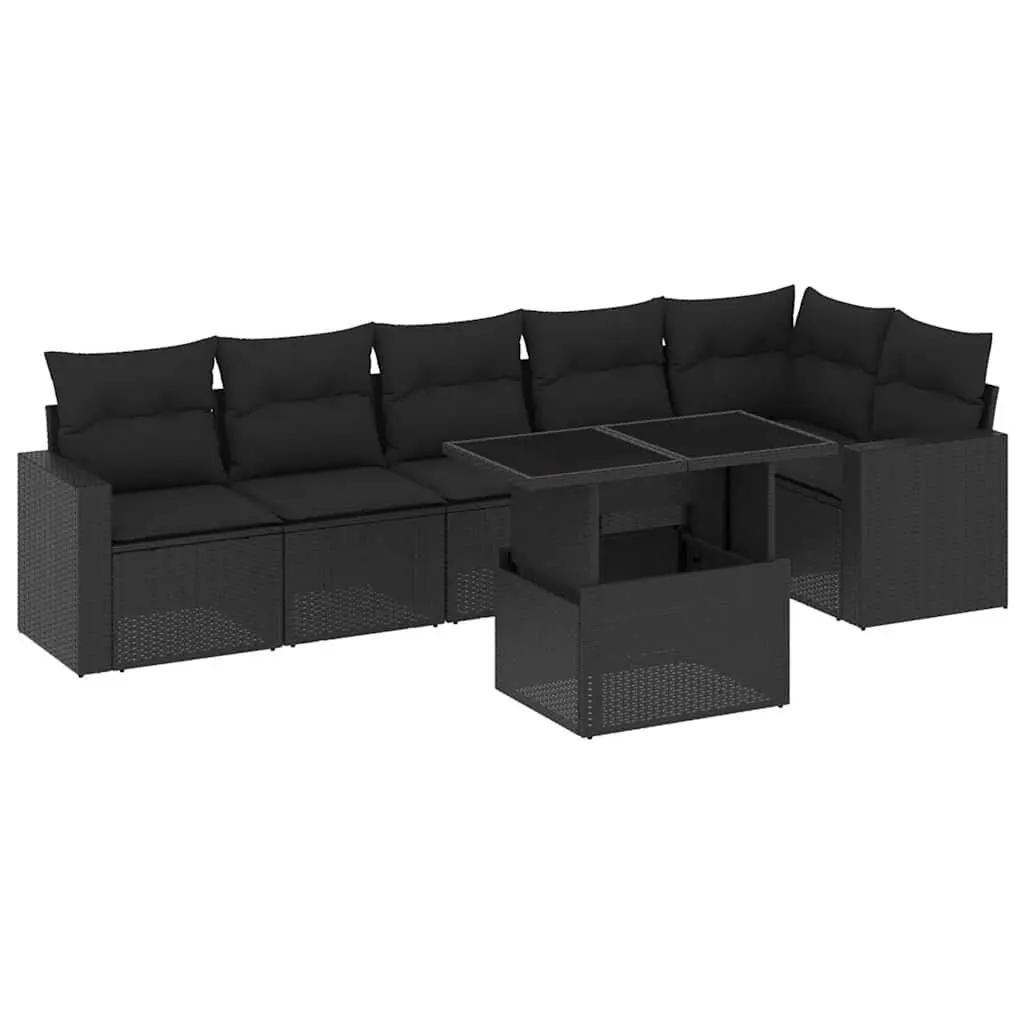 7-Piece Black Poly Rattan Garden Sofa Set with Adjustable Table