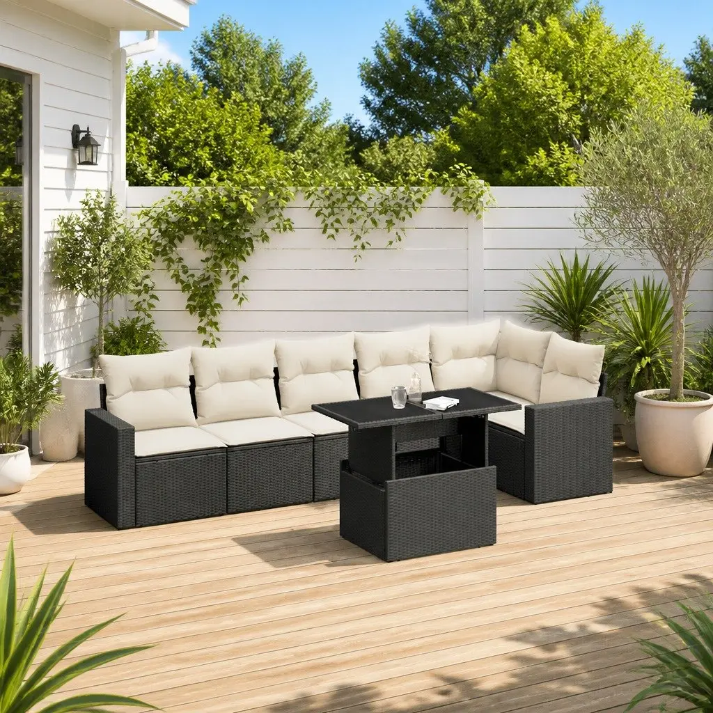 7-Piece Outdoor Patio Sofa Set in Black Poly Rattan
