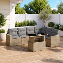 Beige Poly Rattan 7 Piece Garden Sofa Set with Cushions