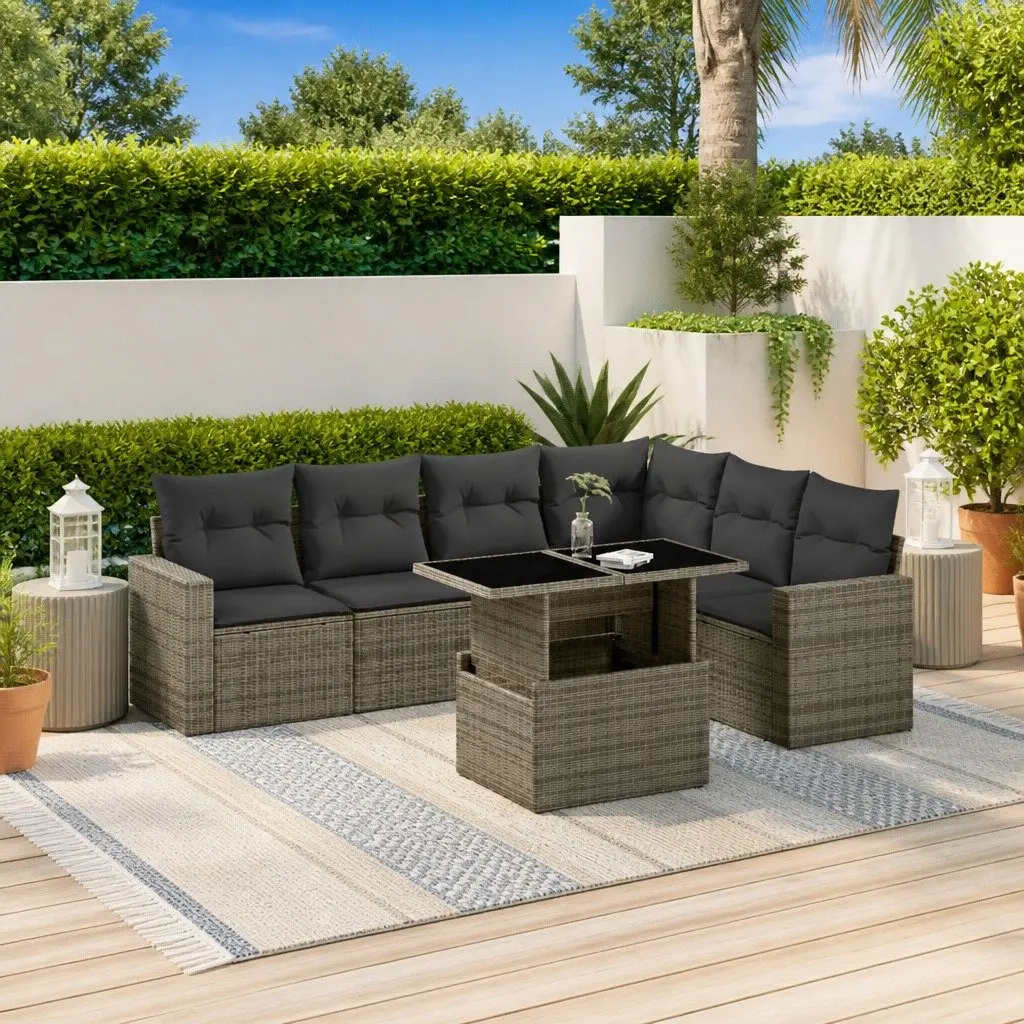 7 Piece Grey PE Rattan Outdoor Sofa Set with Cushions
