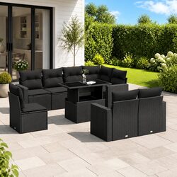 Durable 9-Piece Black Garden Sofa Set with Cushions