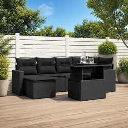 7 Piece Black Poly Rattan Outdoor Sofa Set with Cushions