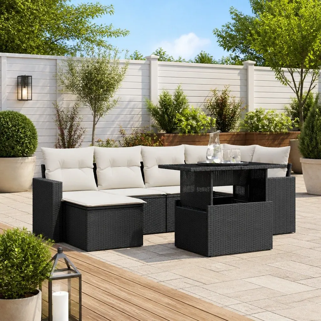 7 Piece Garden Sofa Set in Black Poly Rattan