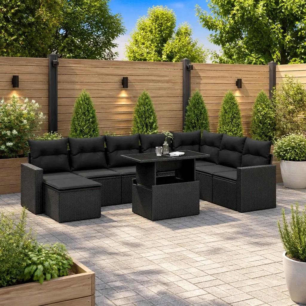 9-Piece Black Modular Garden Sofa Set for Outdoor Spaces