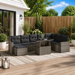 Grey Poly Rattan 9-Piece Outdoor Sofa Set with Cushions