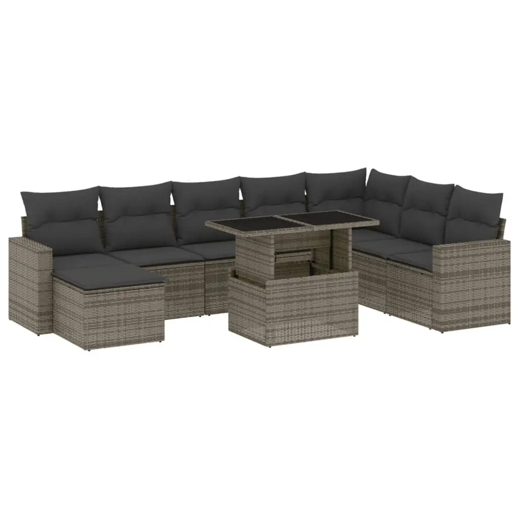 Grey Poly Rattan 9-Piece Outdoor Sofa Set with Cushions