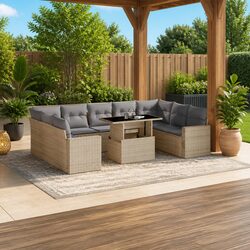 Beige Poly Rattan Garden Sofa Set - 10 Piece Outdoor Lounge