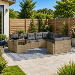 10-Piece Beige Poly Rattan Garden Sofa Set with Adjustable Table