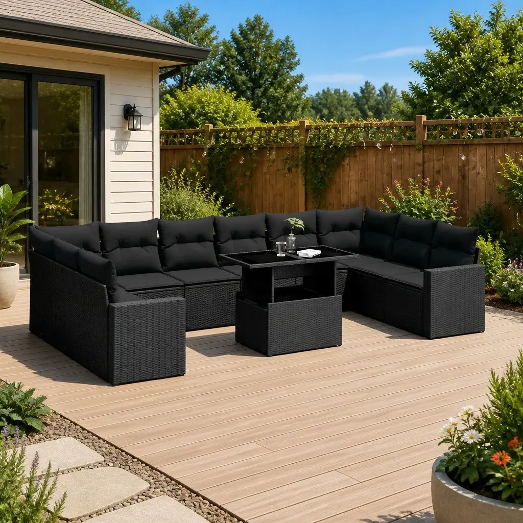 Black Poly Rattan Outdoor Sofa Set, 11 Pieces with Cushions