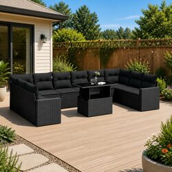 Black Poly Rattan Outdoor Sofa Set, 11 Pieces with Cushions