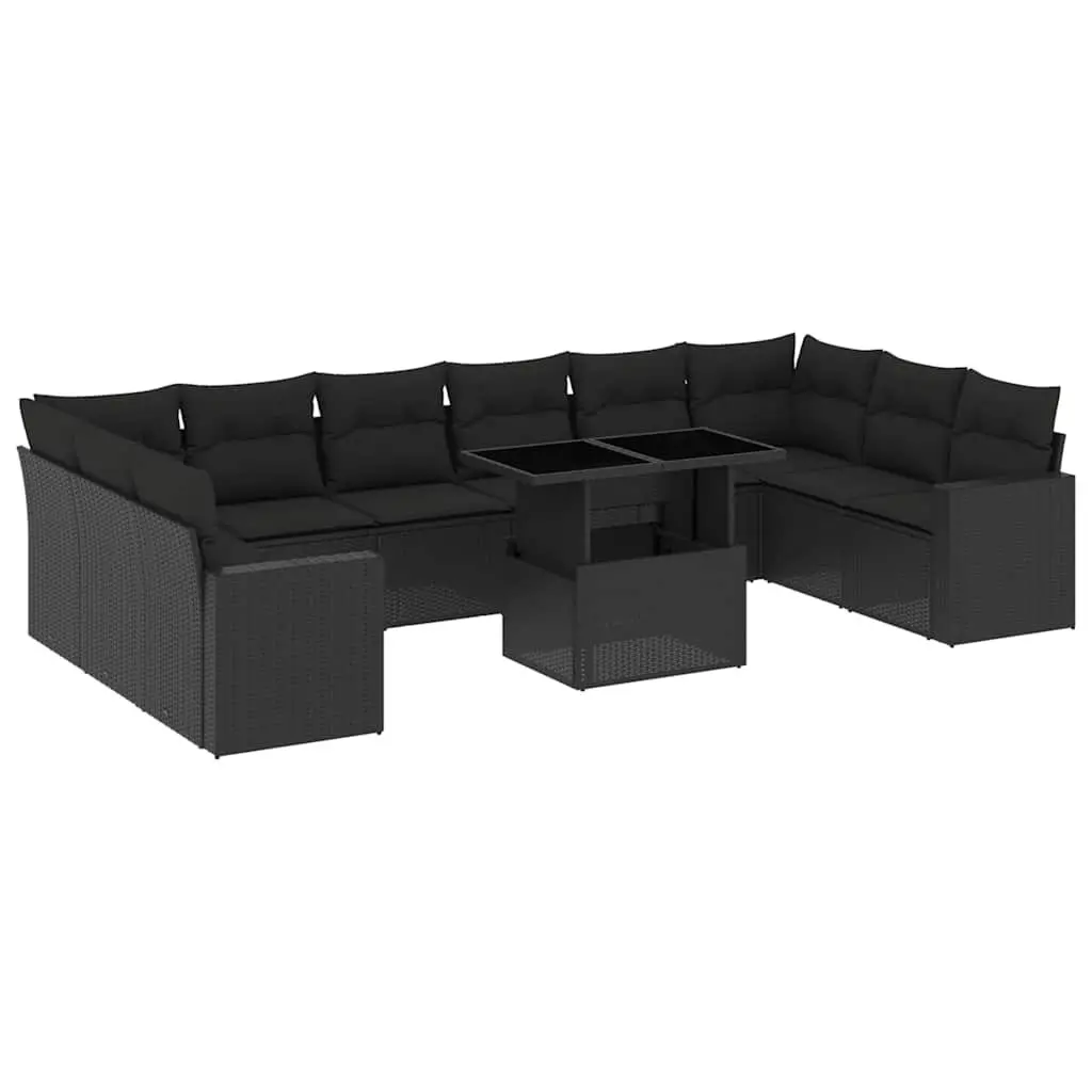 Black Poly Rattan Outdoor Sofa Set, 11 Pieces with Cushions