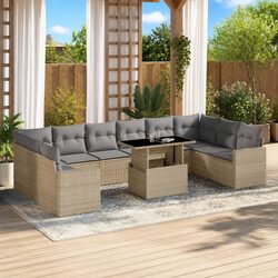Beige Rattan 11-Piece Garden Sofa Set with Cushions