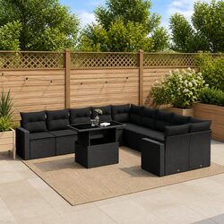 Durable 11 Piece Black Garden Sofa Set with Cushions