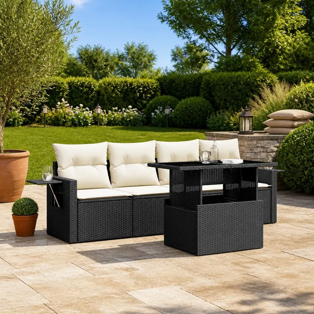 5-Piece Outdoor Black Poly Rattan Sofa Set