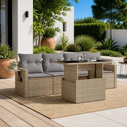 Durable 5-Piece Garden Sofa Set in Beige Poly Rattan