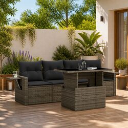 5 Piece Grey Poly Rattan Garden Sofa Set with Cushions