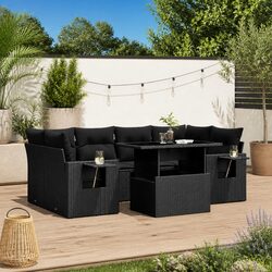 7 Piece Black Poly Rattan Garden Sofa Set Outdoor Furniture