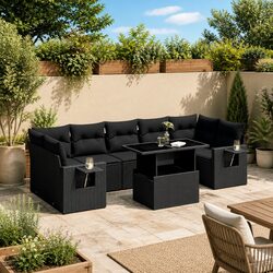 8 Piece Modular Black Poly Rattan Garden Sofa Set