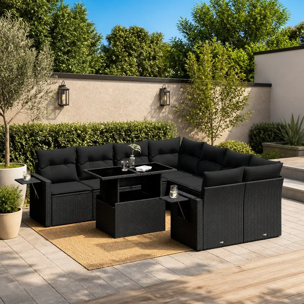 Garden Sofa Set PE Rattan 9 Piece Outdoor Furniture Modular Black with Cushions