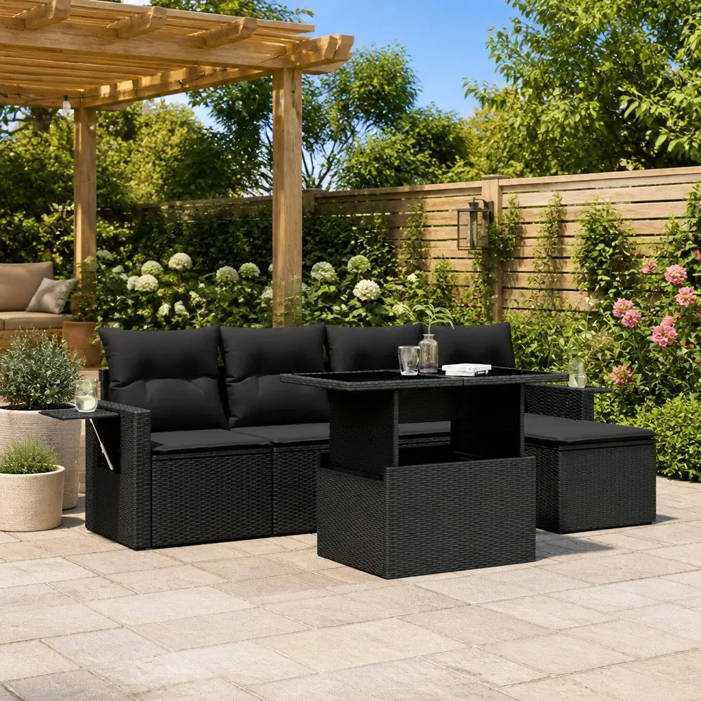 Modular 6 Piece Black Poly Rattan Garden Sofa Set