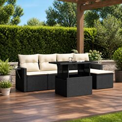Black Modular 6-Piece Garden Sofa Set with Adjustable Table