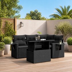 Durable 5-Piece Black Poly Rattan Garden Sofa Set