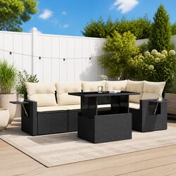 6-Piece Black Poly Rattan Garden Sofa Set with Cushions