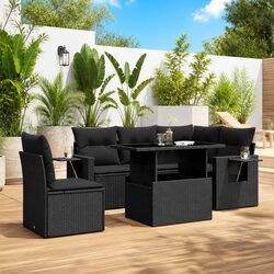 Durable 6-Piece Black Poly Rattan Garden Sofa Set