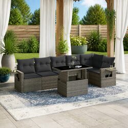 7-Piece Grey Poly Rattan Garden Sofa Set with Cushions