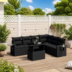7 Piece Black Poly Rattan Garden Sofa Set with Cushions