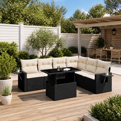 7 Piece Black Poly Rattan Garden Sofa Set with Cushions