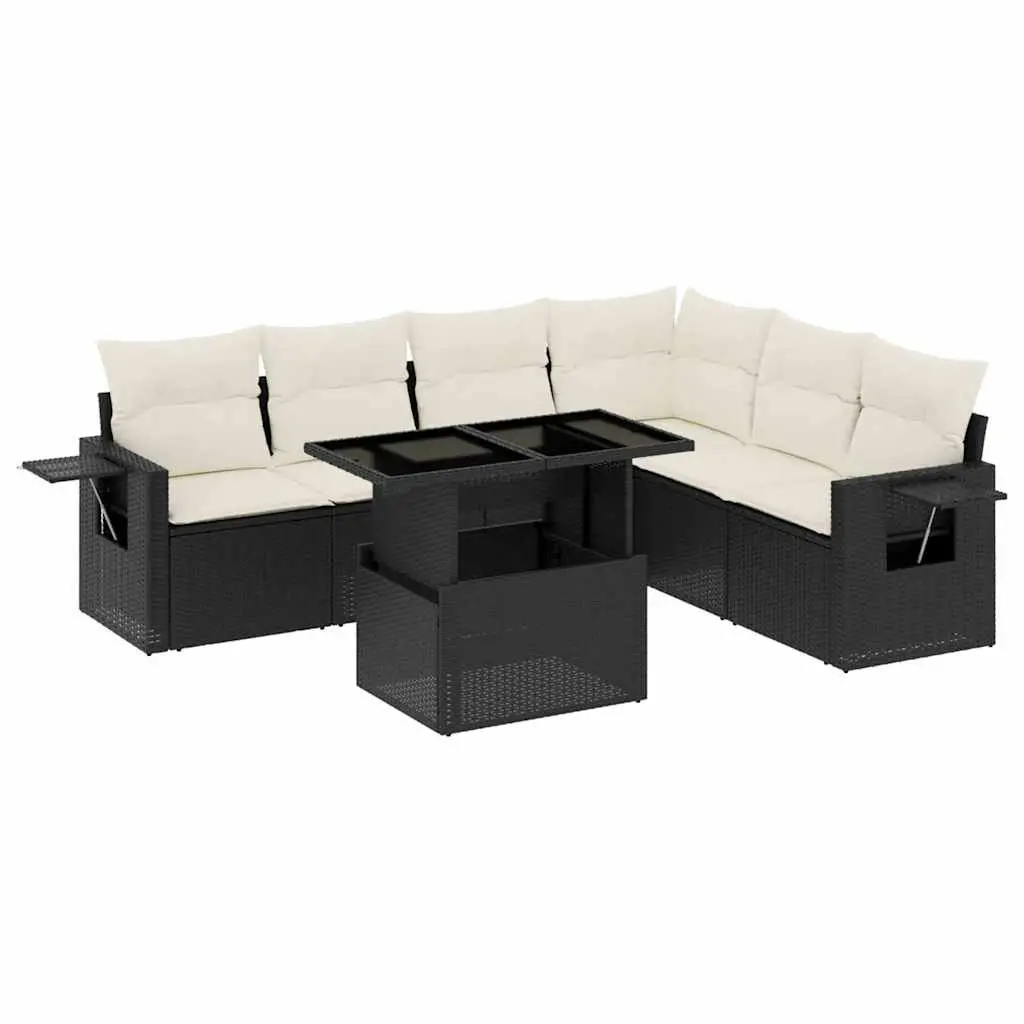7 Piece Black Poly Rattan Garden Sofa Set with Cushions