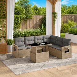 Beige 7 Piece Garden Sofa Set with Adjustable Table
