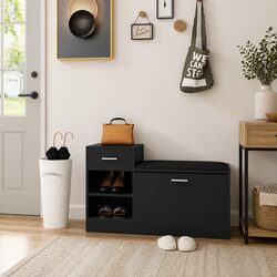 Durable Black Engineered Wood Shoe Bench with Storage