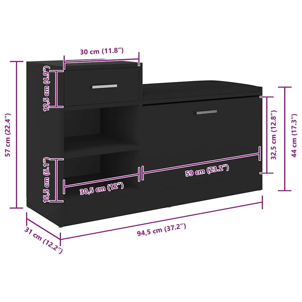 Black Engineered Wood Shoe Bench with Storage