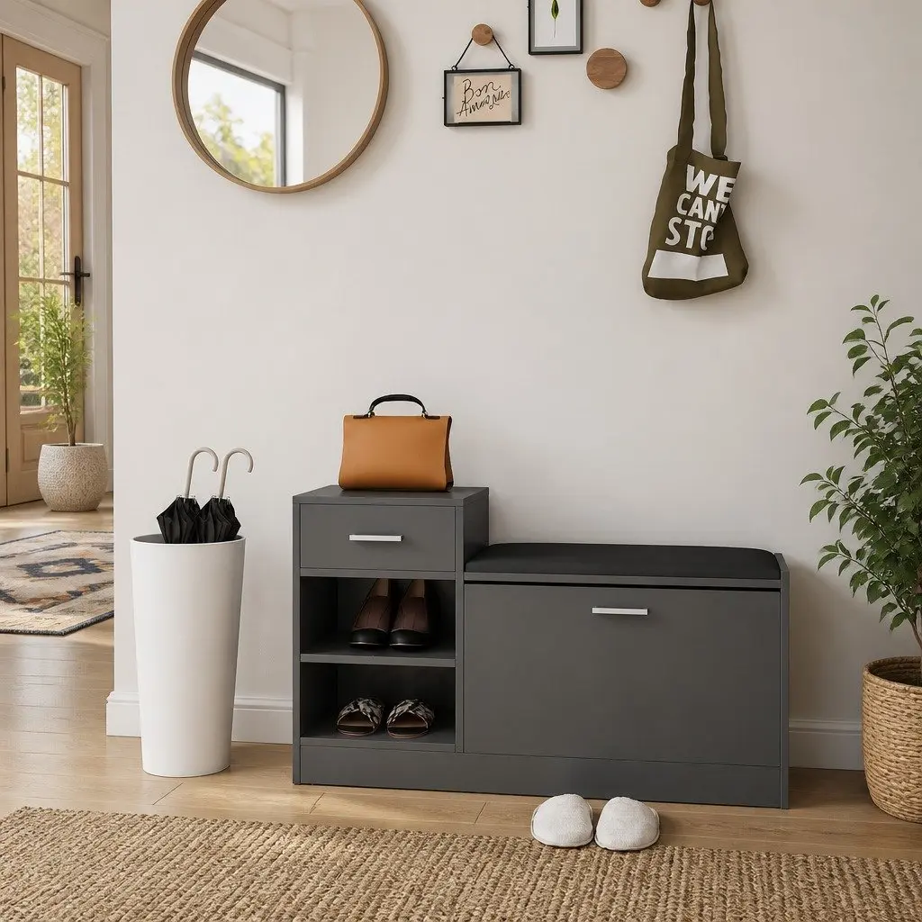 Shoe Storage Bench Grey Seating Organiser Hallway Entryway Furniture