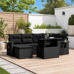 Durable 7-Piece Black Poly Rattan Garden Sofa Set