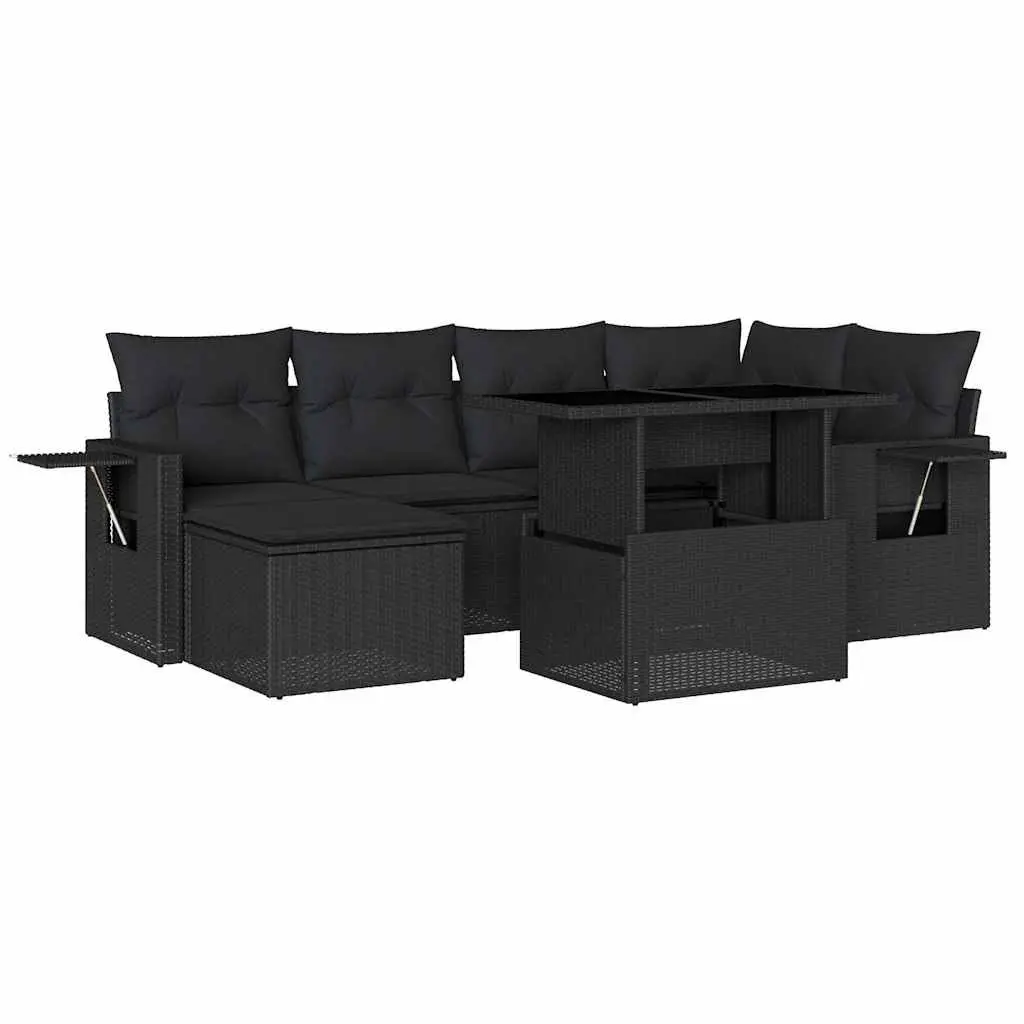 7 Piece Garden Sofa Set Poly Rattan Black with Cushions