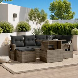 7 Piece Grey Poly Rattan Garden Sofa Set with Cushions