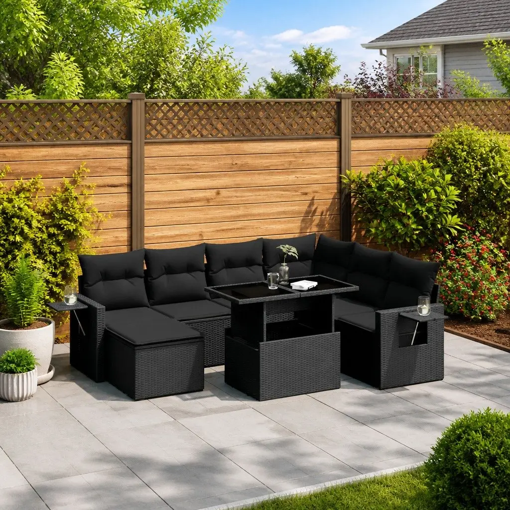 9-Piece Black Poly Rattan Garden Sofa Set
