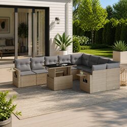 Beige Poly Rattan 10-Piece Garden Sofa Set with Cushions