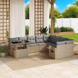 Beige 10-Piece Poly Rattan Outdoor Garden Sofa Set