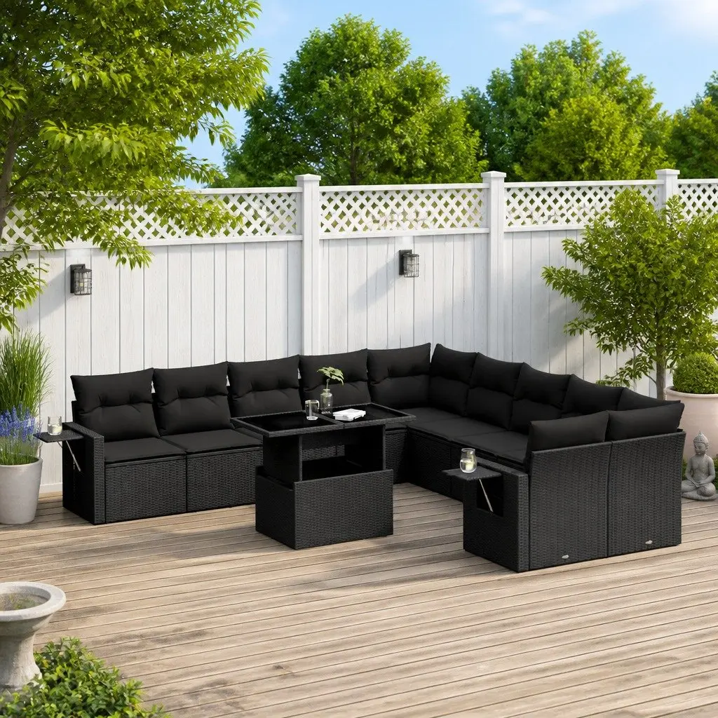 11-Piece Black Poly Rattan Garden Sofa Set