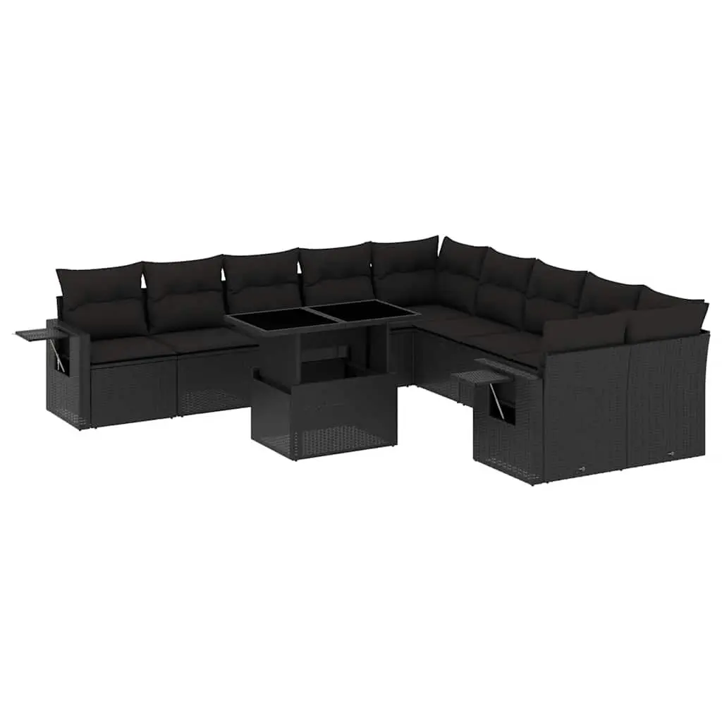 11-Piece Black Poly Rattan Garden Sofa Set