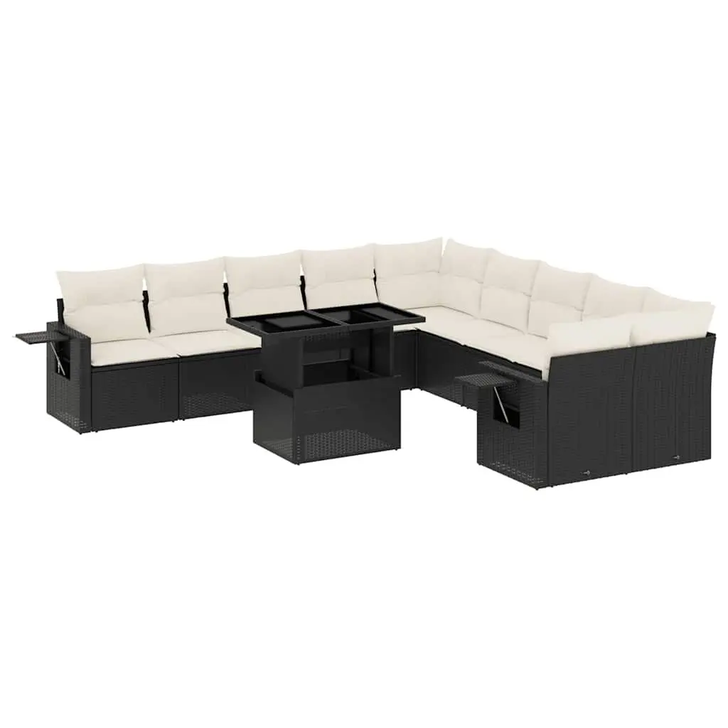 11 Piece Black Rattan Garden Sofa Set with Cushions